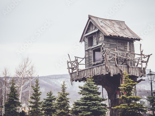 wooden tree house with a retro filter effect © maikuto