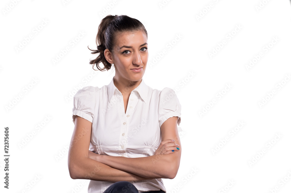 Woman posing and smiling on white isolated background, positive Woman posing and smiling on white isolated background, positive