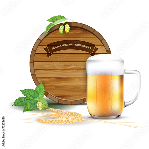 Wooden barrel, glass of beer, hops and barley