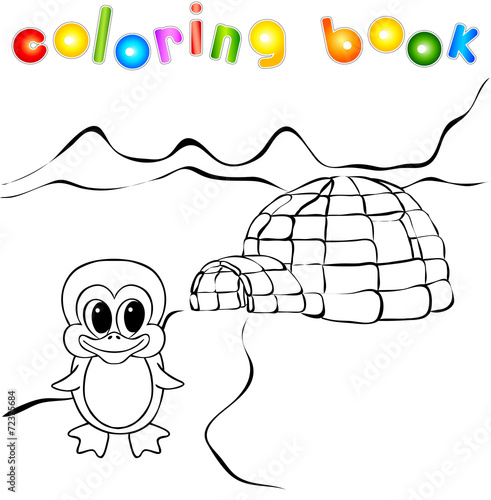 Penguin, ice yurt igloo and nothern lights coloring book