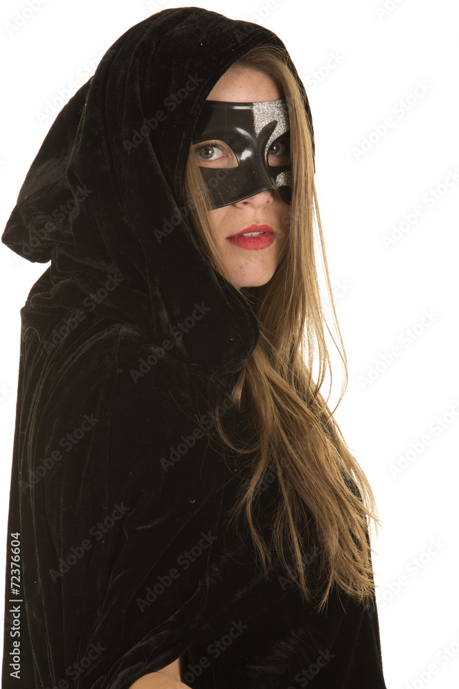 woman mask cloak lipstick side serious woman mask cloak lipstick side serious