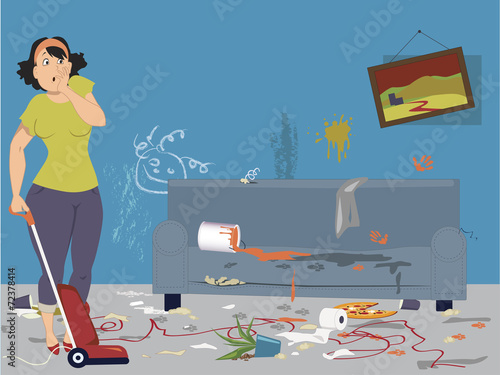 Shocked woman with vacuum cleaner in a dirty room