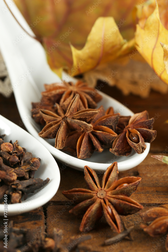 Different spices in spoons with yellow leaves Different spices in spoons with yellow leaves