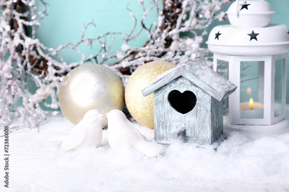 Fototapeta premium Beautiful Christmas composition with small bird house