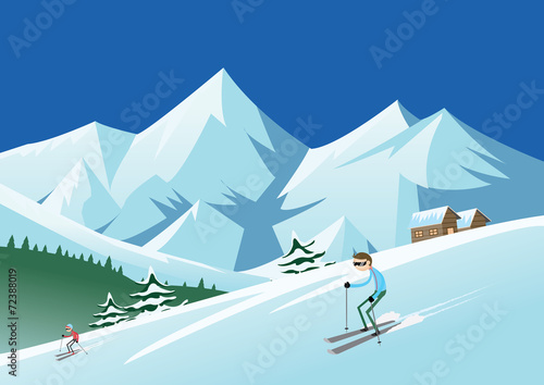 Skiing at ski resort-skiers sliding from the mountain