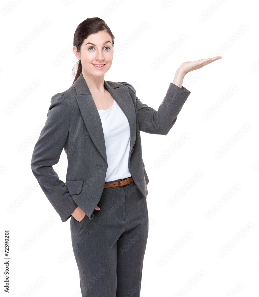 Caucasian businesswoman with open hand palm Caucasian businesswoman with open hand palm
