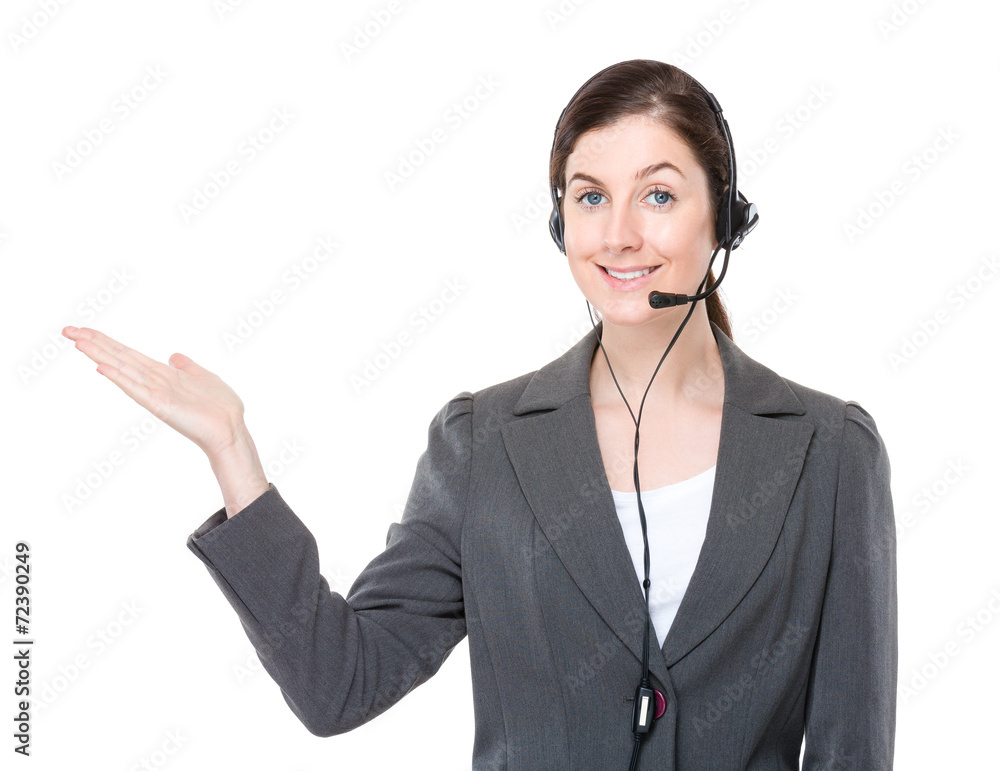 Businesswoman with headset and open hand palm Businesswoman with headset and open hand palm