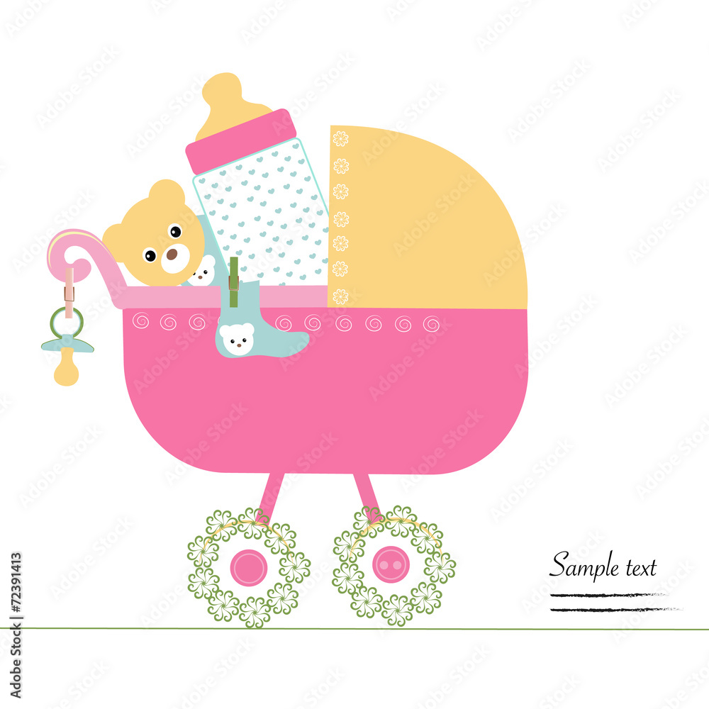 Baby stroller with bottle, soother, socks and teedy bear vector Baby stroller with bottle, soother, socks and teedy bear vector