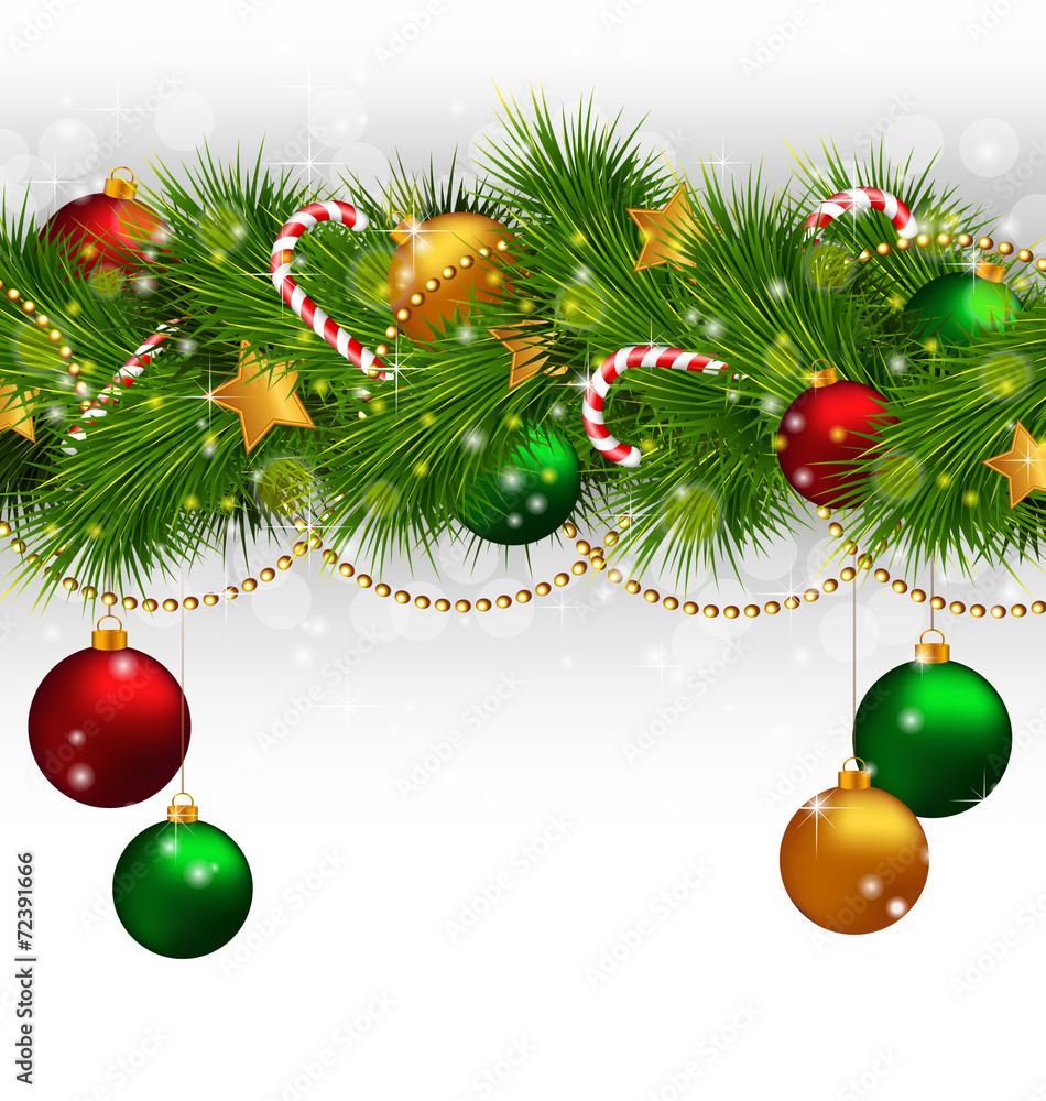 Christmas tree branches with balls, candy canes, chains, stars