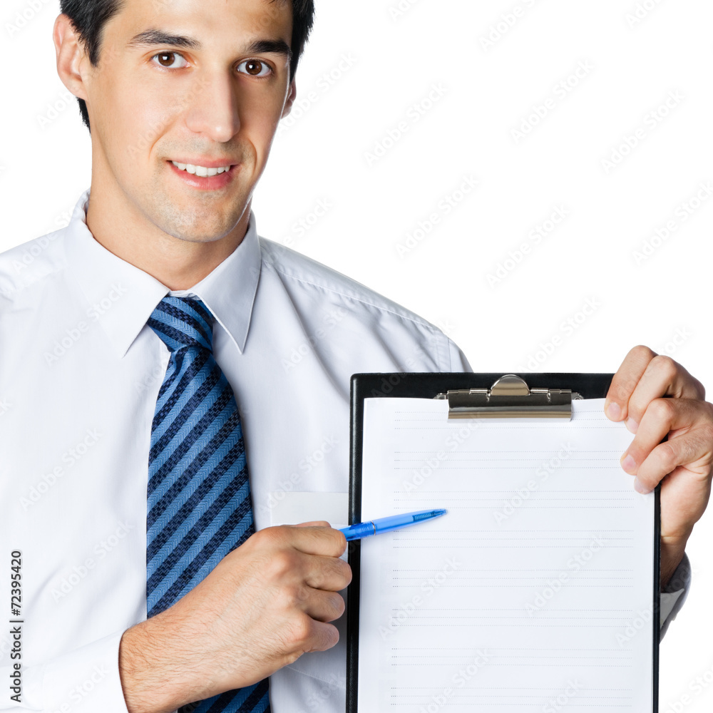 Businessman showing clipboard, isolated Businessman showing clipboard, isolated