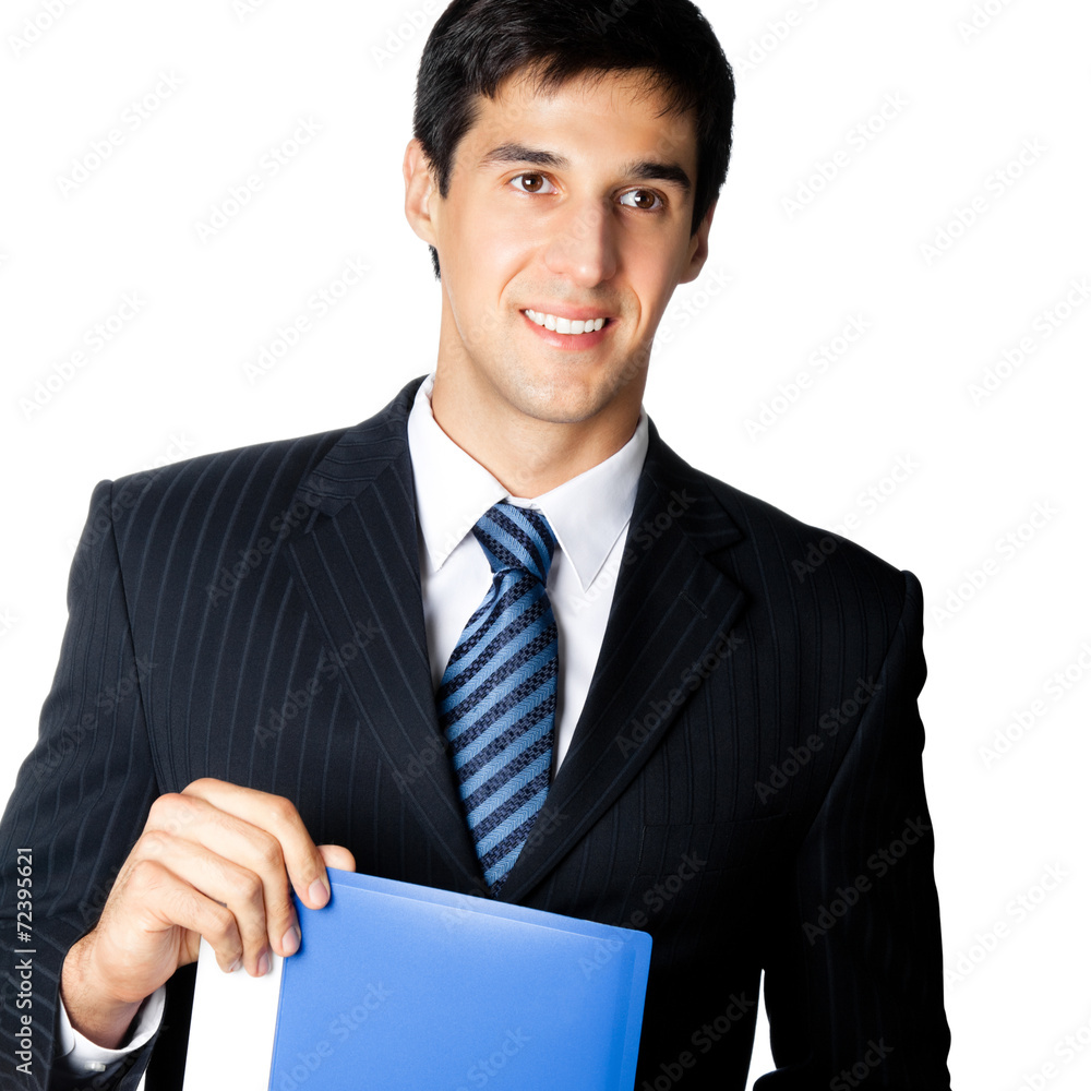 Smiling young businessman with blue folder, isolated Smiling young businessman with blue folder, isolated