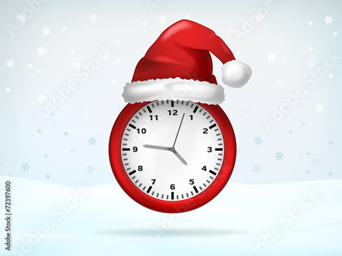 red running clock covered with Santa cap