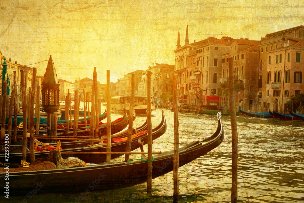 art Venice, Italy. Gondolas on Grand Canal, Italian Canal Grande