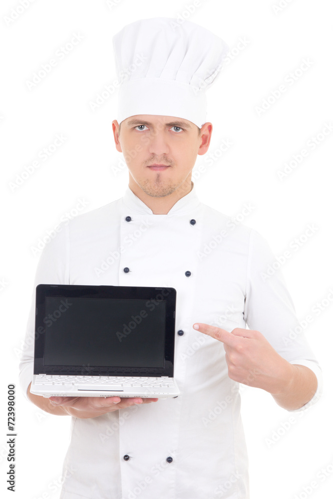 young man in chef uniform holding laptop with empty screen isola young man in chef uniform holding laptop with empty screen isola