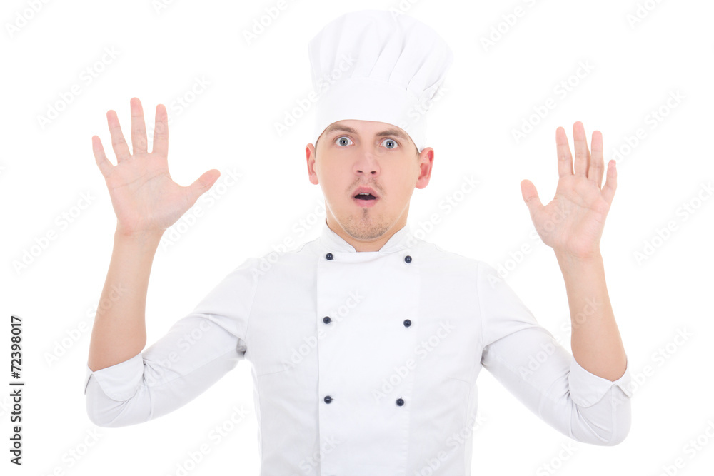 shocked man in chef uniform isolated on white shocked man in chef uniform isolated on white