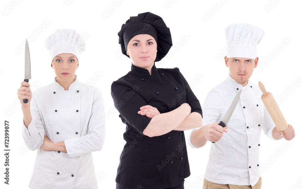 funny young man and two women in chef uniform isolated on white funny young man and two women in chef uniform isolated on white