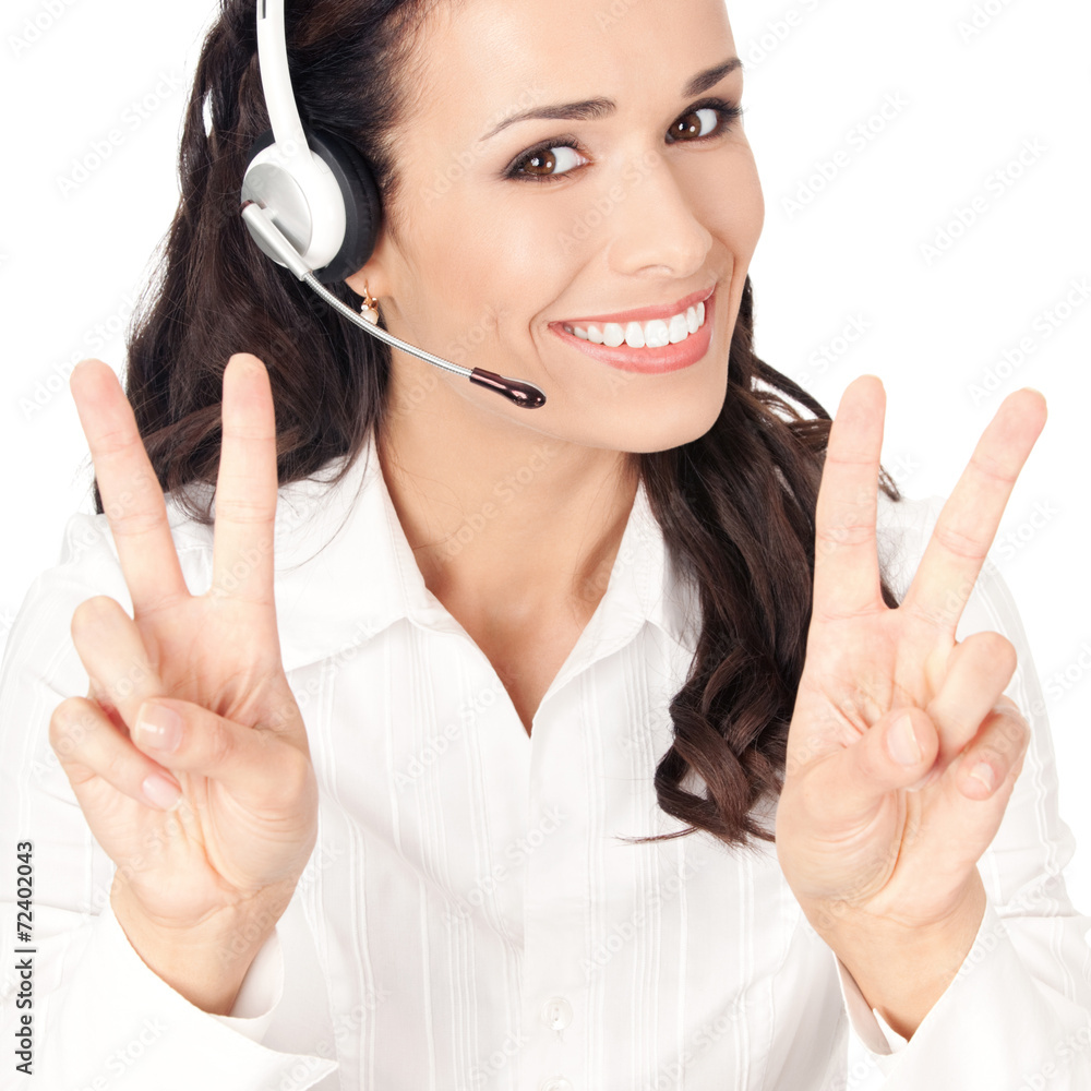 Support operator showing two fingers, on white Support operator showing two fingers, on white