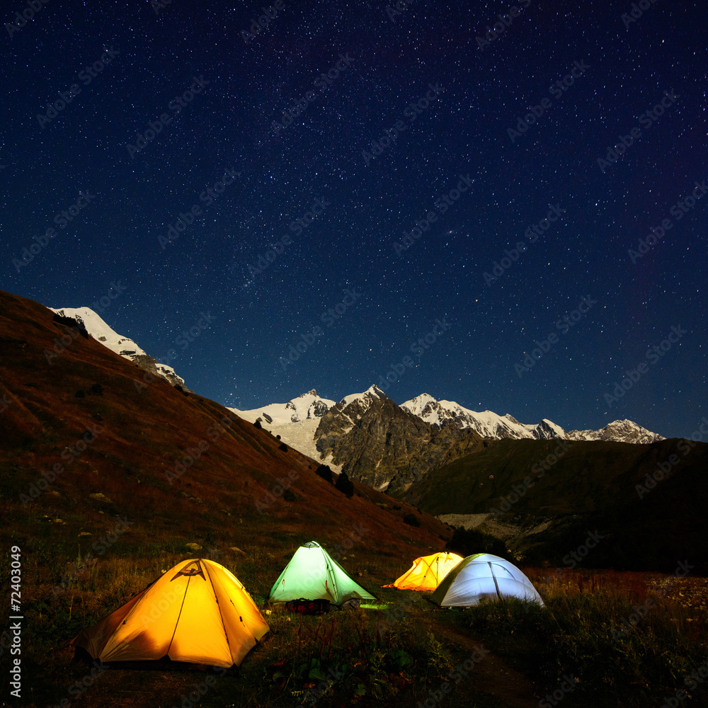 Night camping in the Caucasus valley near Shkhara in Georgia