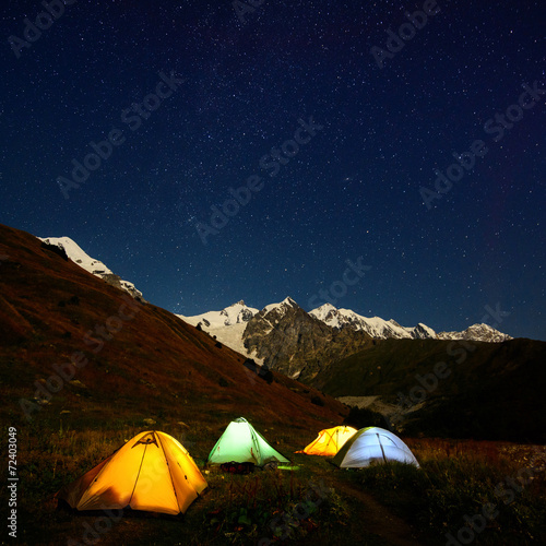 Night camping in the Caucasus valley near Shkhara in Georgia