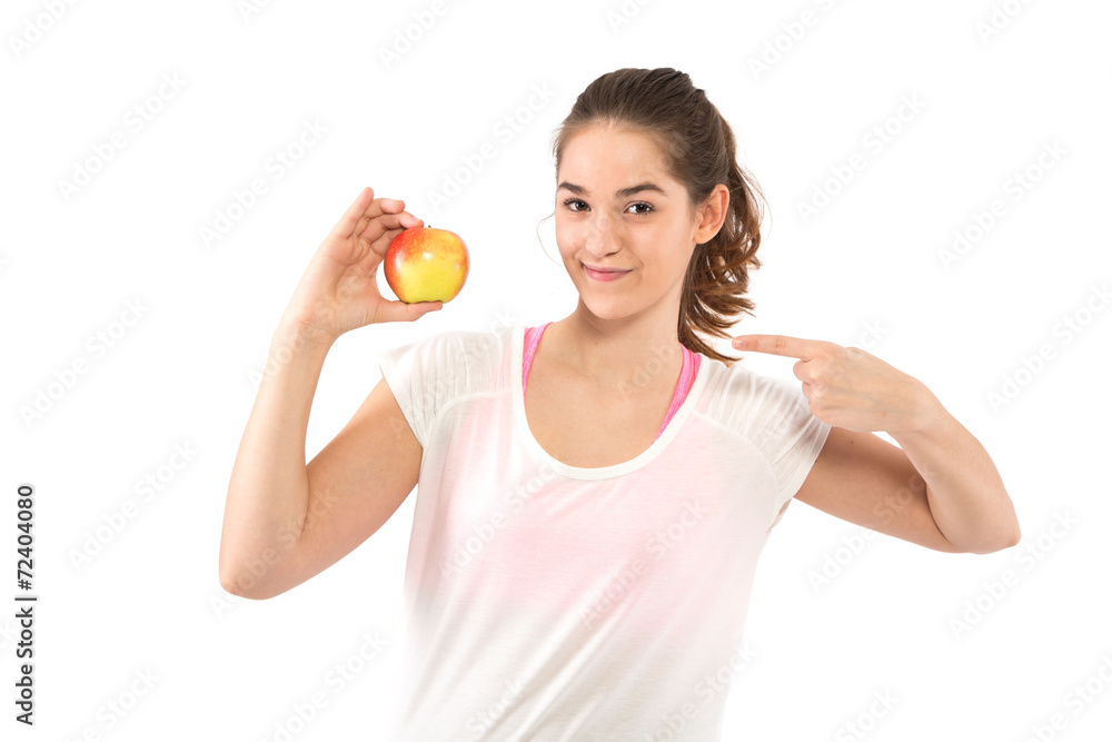 Frau zeigt auf Apfel Frau zeigt auf Apfel