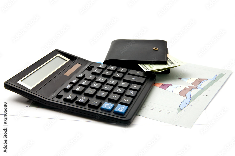 dollars, calculator, graphs and purse dollars, calculator, graphs and purse