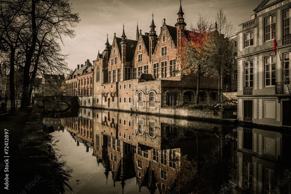 Houses along canal in Bruges, Belgium