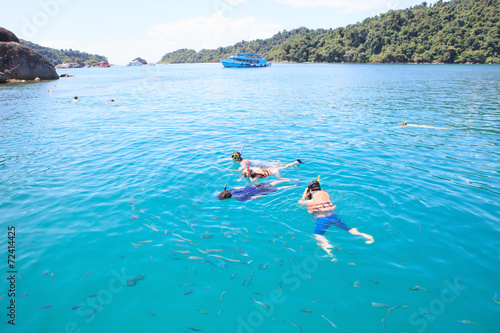 tourist snorkeling on blue sea water