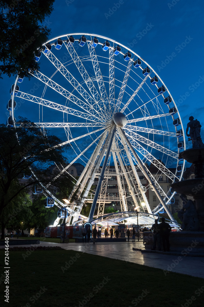 Ferris wheel at twilight in Budapest, Hungary