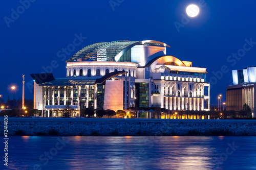 Hungarian national theater at night with moon in Budapest