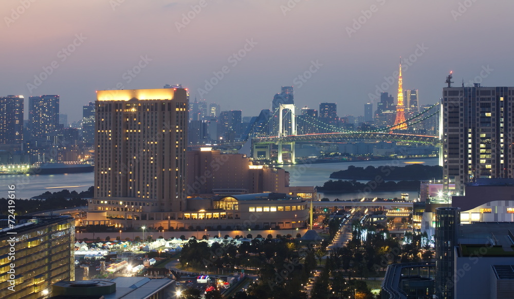 Naklejka premium View of Tokyo bay area with rainbow bridge and Tokyo Tower