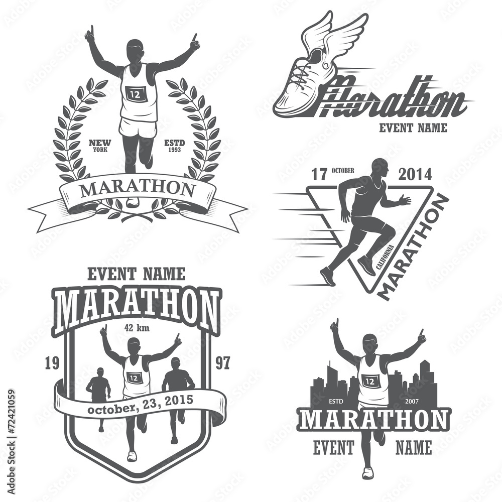 Set of running marathon and jogging emblems, labels and badges