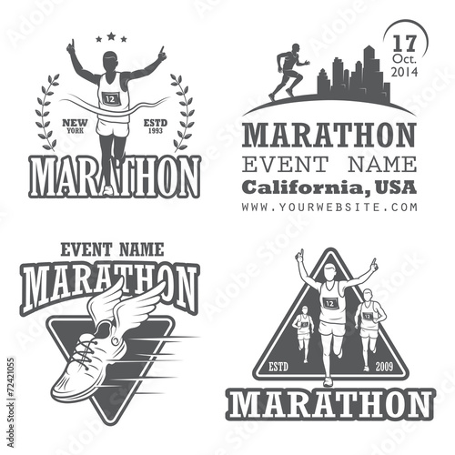 Set of running marathon and jogging emblems, labels and badges.