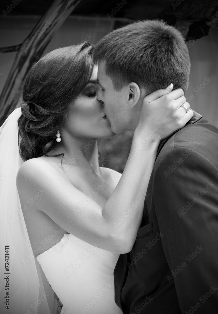 Newlyweds kissing and summer day (monochrome) Newlyweds kissing and summer day (monochrome)