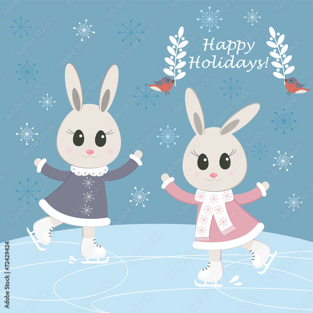 Сhristmas postcard with funny bunnies skating Сhristmas postcard with funny bunnies skating