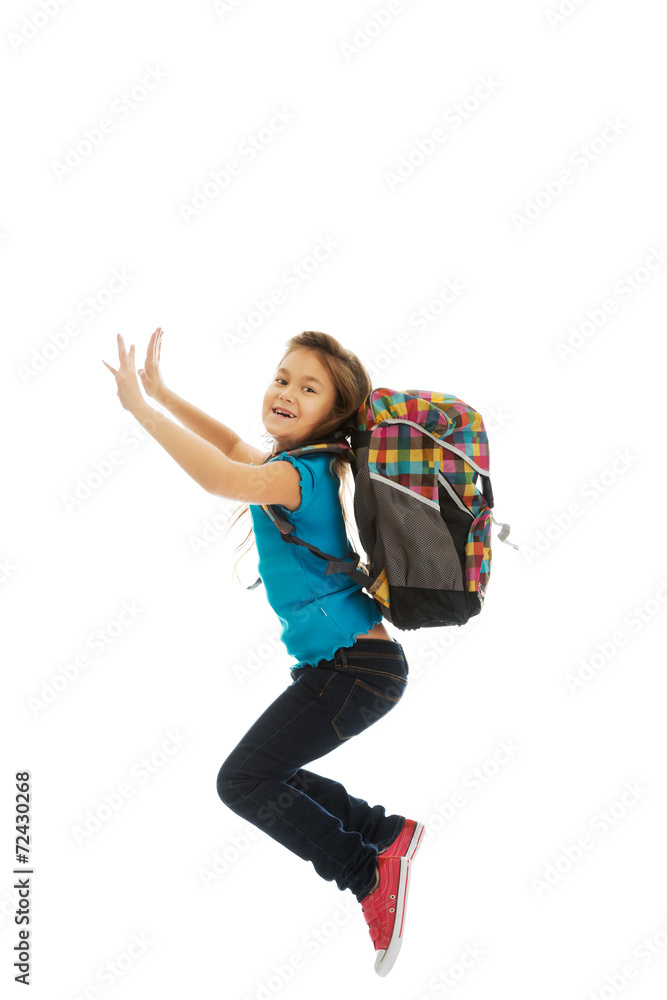 Girl with bag jumping high Girl with bag jumping high
