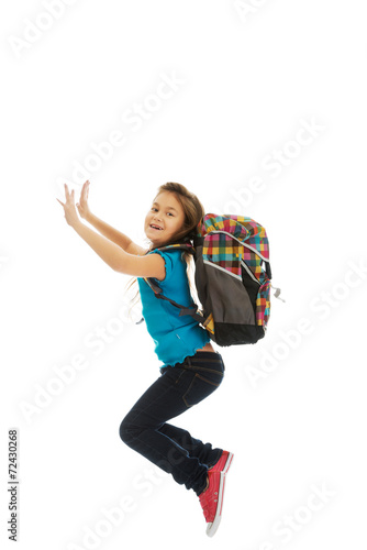 Girl with bag jumping high