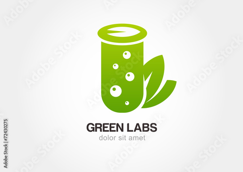 Green flask with leaves, lab icon. Vector logo design template