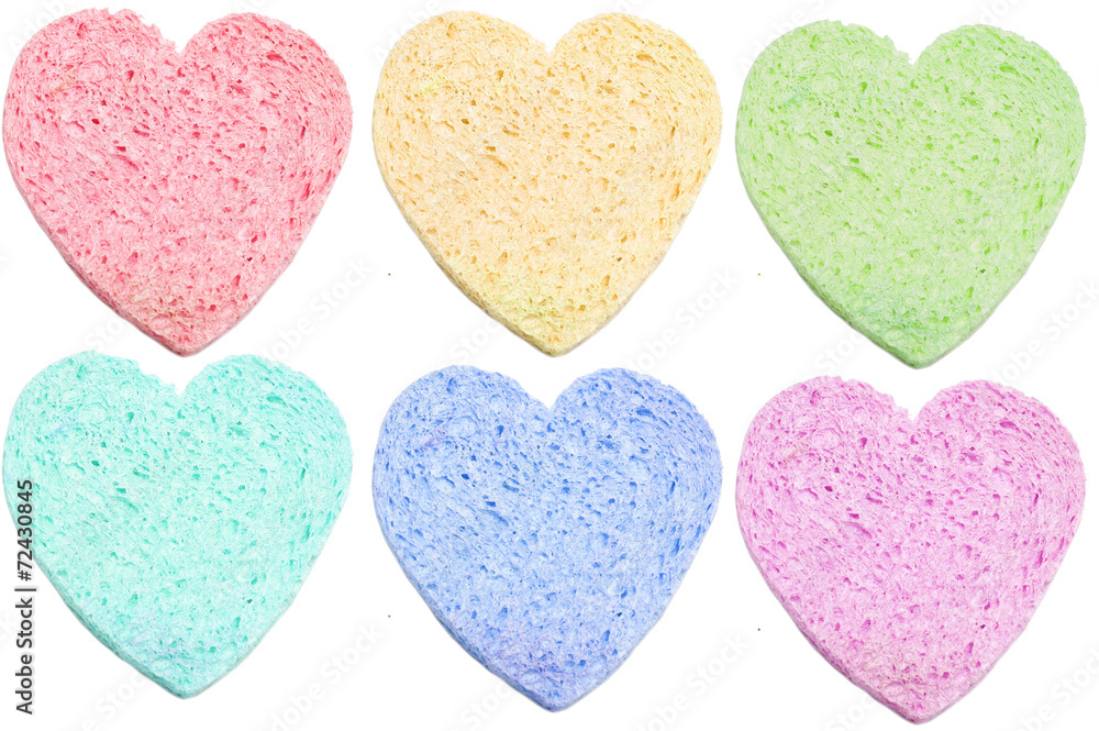 Set of sponge bath heart-shaped isolated on white background