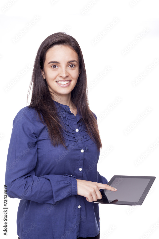 Cute businesswoman holding a tablet computer, isolated on white Cute businesswoman holding a tablet computer, isolated on white