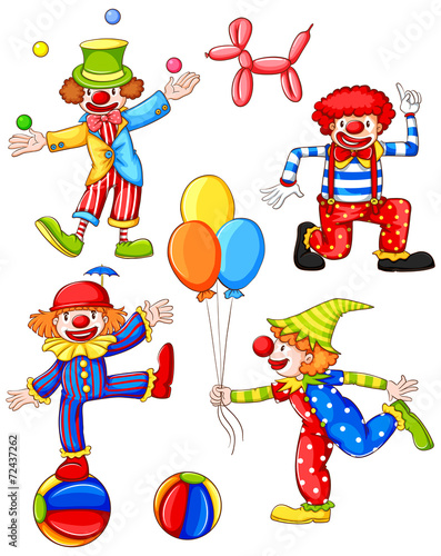 A simple coloured drawing of the four clowns