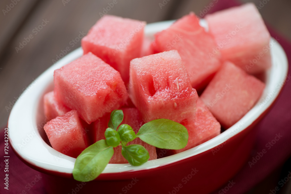 Close-up of watermelon cubes, horizontal shot