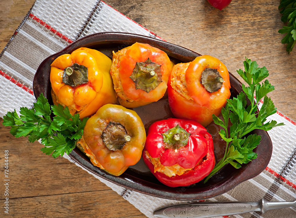 Stuffed peppers minced chicken with carrots with tomato sauce Stuffed peppers minced chicken with carrots with tomato sauce