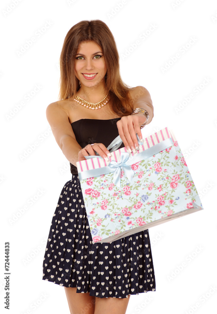 Portrait beauty girl with shopping bag isolated on white background Portrait beauty girl with shopping bag isolated on white background
