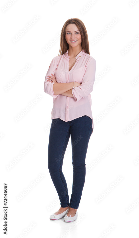 Happy Woman Standing Arms Crossed Over White Background Happy Woman Standing Arms Crossed Over White Background