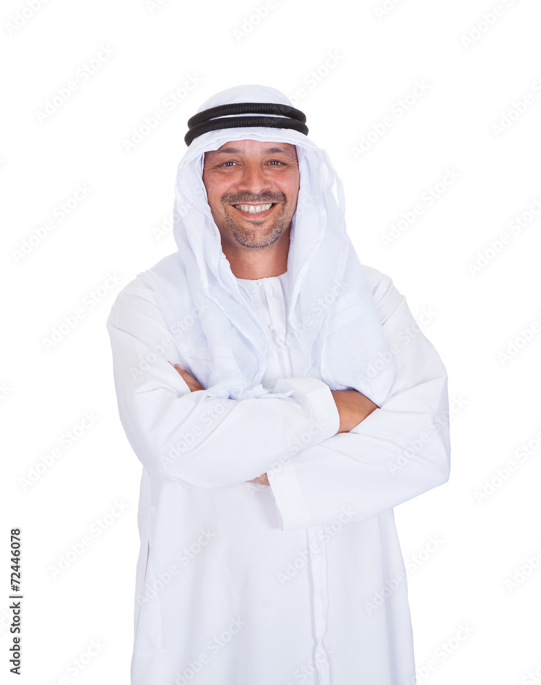 Smiling Arabian Man Standing Arms Crossed Over White Background Smiling Arabian Man Standing Arms Crossed Over White Background