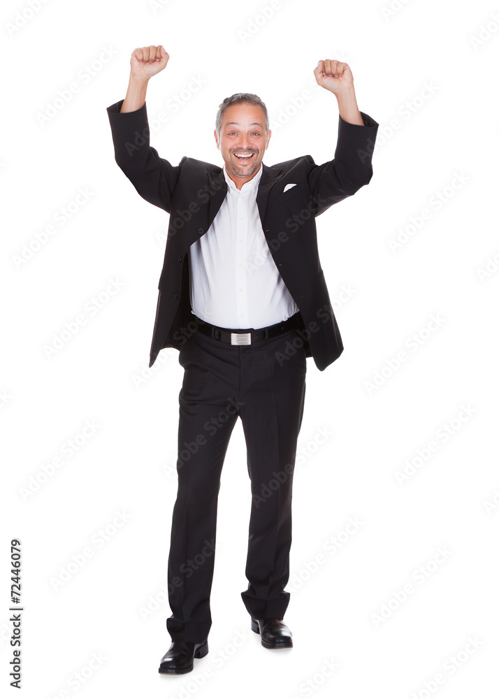 Successful Businessman Standing Hands Raised
