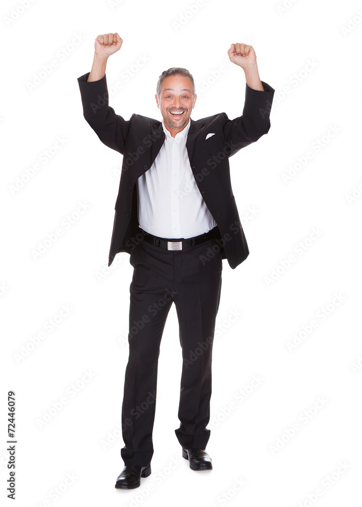 Successful Businessman Standing Hands Raised Successful Businessman Standing Hands Raised