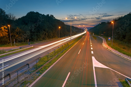 Long exposure photo on a highway at dusk