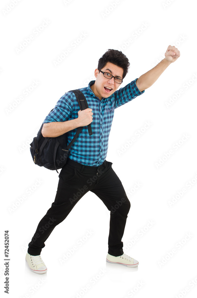 Student with backpack isolated on the white