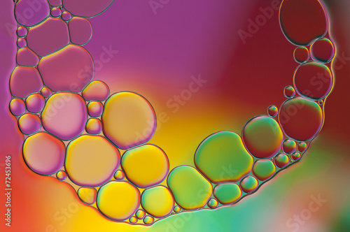 colorful drops of oil and air bubbles on the water